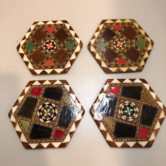 Vintage Inlaid Design Hexagon Coaster Set of 4 Spain - Picture 1 of 5